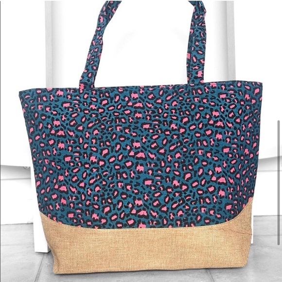 Teal pink leopard print women’s large jute canvas tote bag - Picture 3 of 4